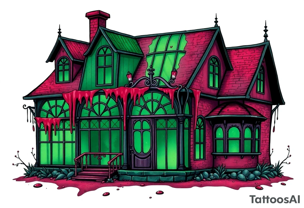 Tim Burton’s glass green house is abandoned and dripping with muted reds, dusty pinks, and eerie green glow. tattoo idea tattoo idea