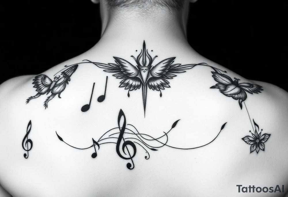 I need six separate tattoos One for each one of my kids. It would be cool if they all blend together. 
Connor Charley are twins
Connor is the musician and music notes are great 
Charley is an athlete and a bruiser 
Michael is in the Air Force
Bria is a queen and super fun 
Katie is my sunshine 
Cassie is deaf and very thoughtful. tattoo idea