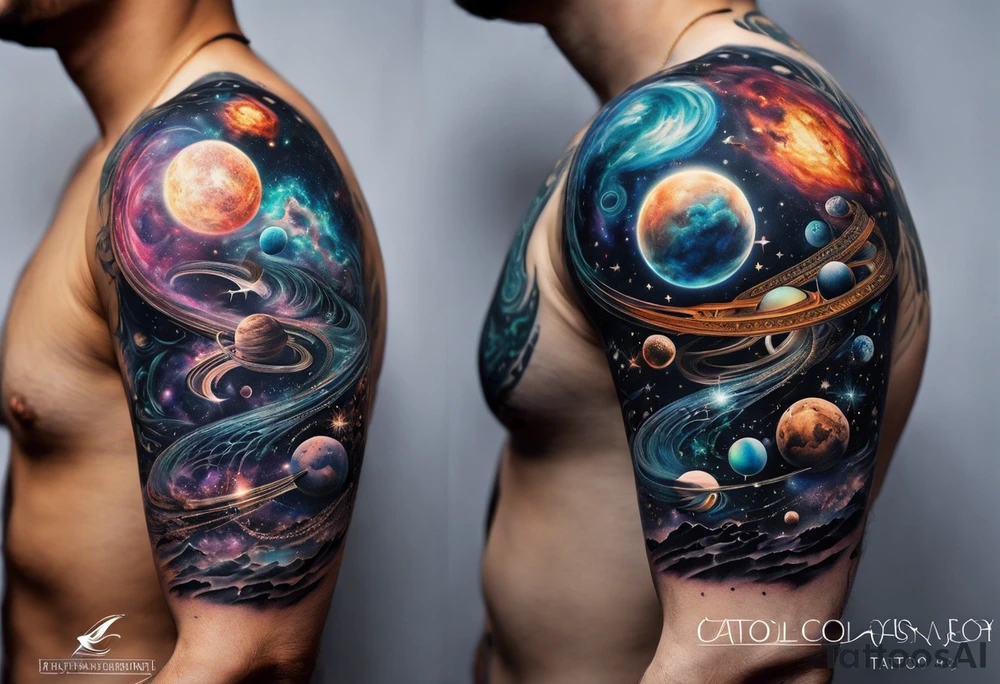 A tattoo featuring a cosmic scene with planets, black holes, and supernovae intertwined with intricate linguistic symbols, reflecting the client's interests in cosmology and linguistics. tattoo idea