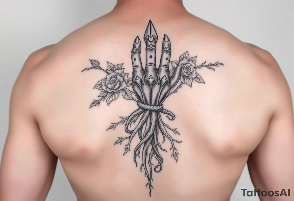 Gods hand, squid knight with roses and tree roots tattoo idea