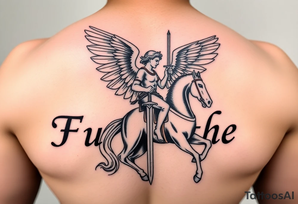 Archangel Michael on horseback with sword in the background beautiful letters prayer Our Father tattoo idea