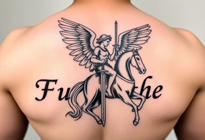 Archangel Michael on horseback with sword in the background beautiful letters prayer Our Father tattoo idea