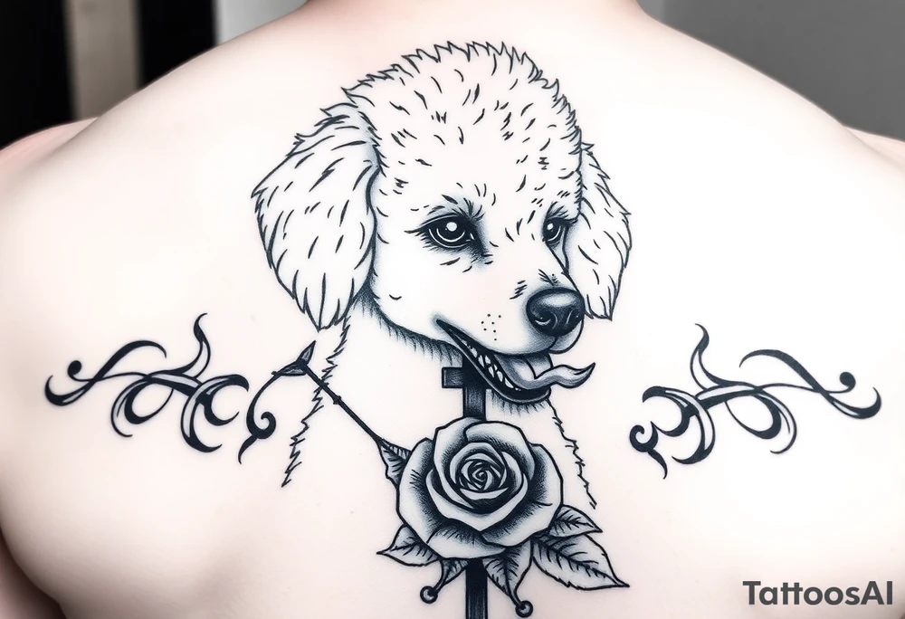 A poodle with a rose in its mouth and a cross behind its back tattoo idea