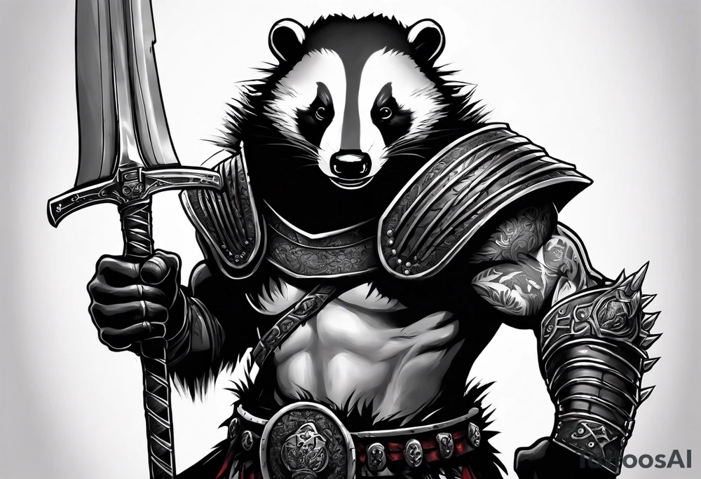 Draw me psychopath Badger/Berserker with aggressive full body, killer face with a scary smile, very long nails and he attacks like a Bloody Assassin/Warrior/Gladiator to us and also, he has very deadly looking. He fights with his nails. Everybody scares after their first sight. Give me horror type Badger Tattoo. I want to see his Realistic full body. tattoo idea