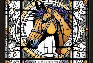 a stained glass window with a horse's head, a Scottish thistle, and a banner for a quote. tattoo idea