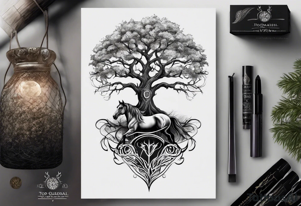 Realistic Horse and Yggdrasil tree tattoo idea