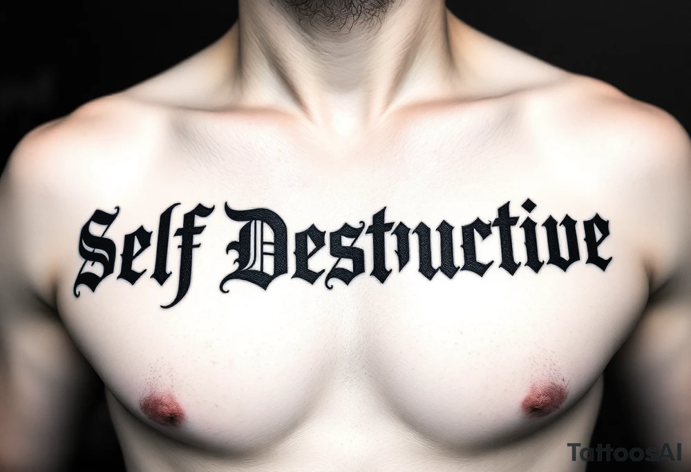 Outline of the words Self Destructive in a bold and thick gothic black letter font lettering across the chest tattoo idea