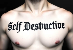 Outline of the words Self Destructive in a bold and thick gothic black letter font lettering across the chest tattoo idea
