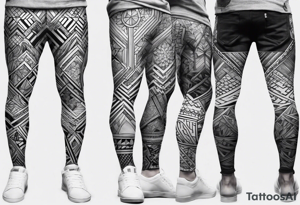 Mix match geometric pattern full leg and butt sleeve male tattoo idea