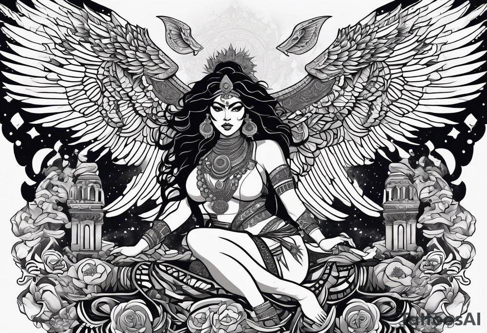 black kali, goddess pirate, alien, angel, pachamama, valkrye, warrior, flying, skull, lotus azul, wing, eagle, zenza resonance, stars, 5D, anahata chakra, death, durga, riding on a tiger, flying lady, kundalini, chest tatoo, rebel tattoo idea