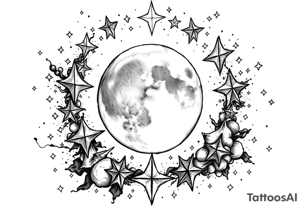 1x10^23 surrounded by cascade of stars and moon tattoo idea