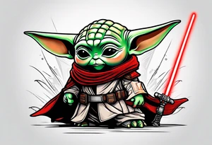 Baby yoda with red lightsaber wearing mandalorian armor tattoo idea