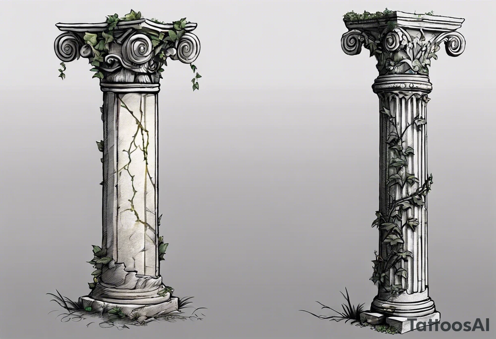 I want an ancient Roman pillar, with apparent cracks on it and a little bit of overgrown plants such as, but not limited to, ivy. The top part of the pillar has fallen off and is found to the right of the pillar. The top part shows that it is an Ionian pillar and has the word "OMNIA" written on it. The tattoo has some shading as the pillar is turned very slightly, about 10 degrees, to the right. tattoo idea