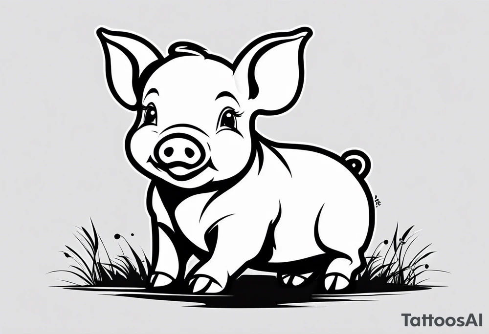 very cute chubby happy piglet.
outline only.
black and white only.
only show the piglet. no extra lines or decoration.
no black shading.
dont make the ears too big.
draw very thin lines tattoo idea