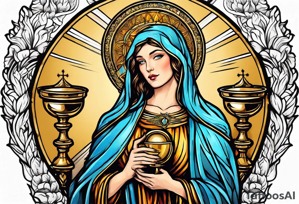 holy saint woman with golden halo holding a chalice tattoo idea