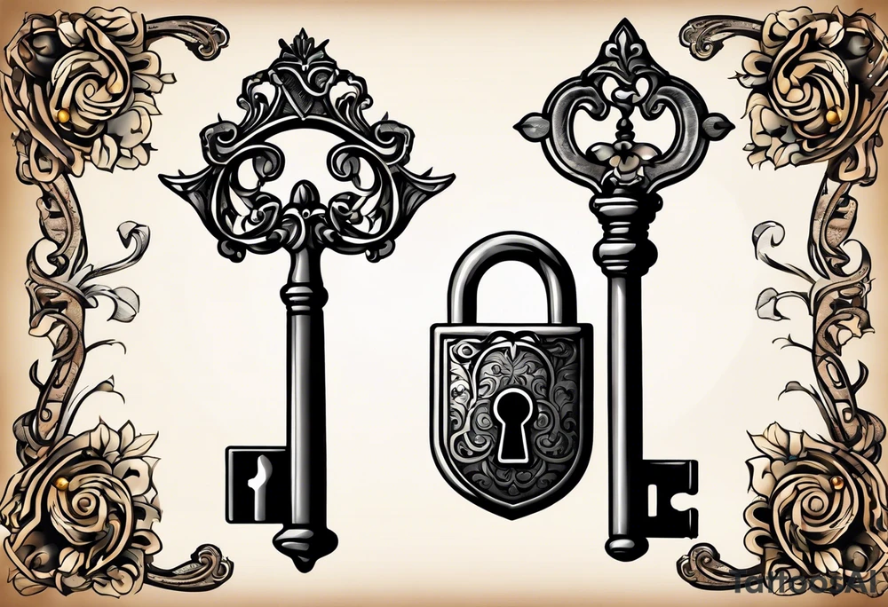 couple tattoos of an old antique key and lock, when the tattoos are side by side they look like the key unlocks the lock. tattoo idea