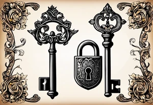 couple tattoos of an old antique key and lock, when the tattoos are side by side they look like the key unlocks the lock. tattoo idea