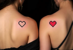 A black-and-red pixel heart duo for gamer couples, each missing half the pixels. tattoo idea