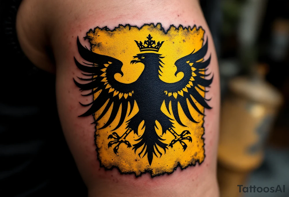 A hand-painted, medieval-style banner with a black Silesian eagle with crown on a golden background, looking like a knight's flag waving in the wind. The edges are torn and aged, giving it a battle-worn effect. tattoo idea