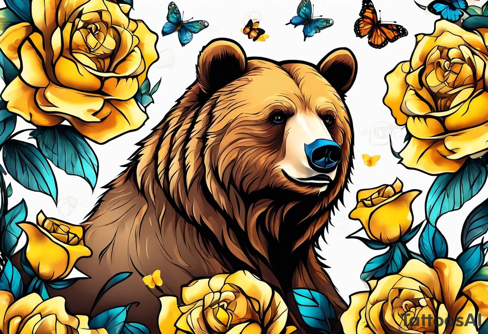 Bear under the tree of life with yellow roses and three butterflies for an upper arm tattoo. tattoo idea
