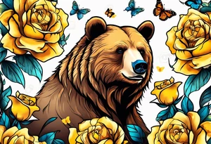 Bear under the tree of life with yellow roses and three butterflies for an upper arm tattoo. tattoo idea