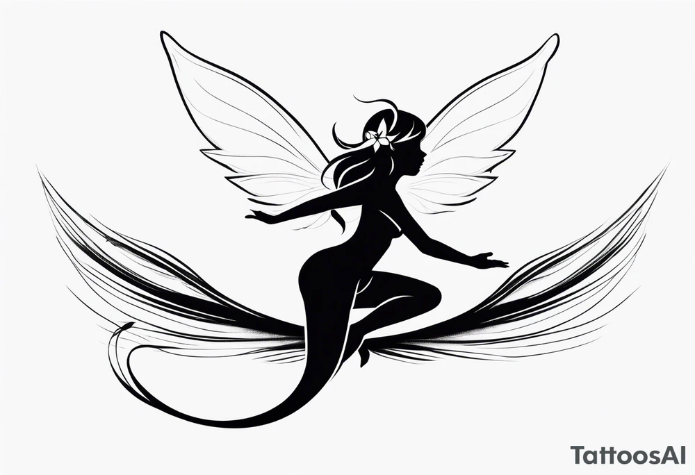 Minimalistic, monochromatic fairy with a tail flying to the left in a fetal position, leaning and looking in the same direction, with visible hands, embodying the 'Fairy Tail' logo aesthetic. tattoo idea
