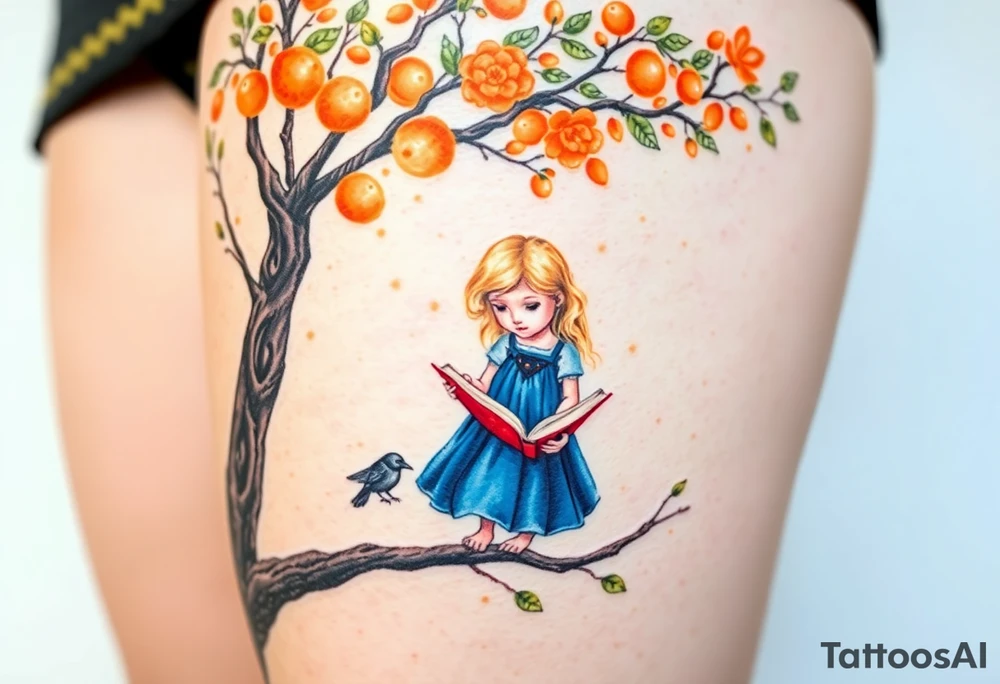 A Raven standing on the branch of an orange tree. A blond little girl wearing a blue dress reading a book under the tree. tattoo idea