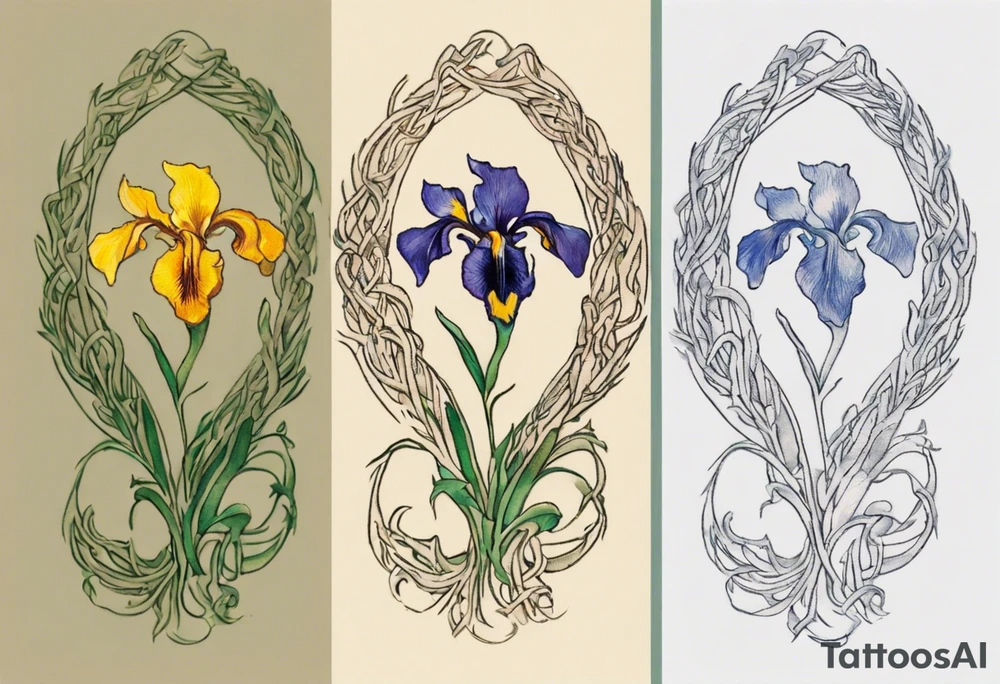 Create a small colorful Vincent van Gogh Irises tattoo in the form of a crescent, with vines or Celtic knots gracefully intertwining at a central point in the middle of the wreath.  In the middle of the wreath are mountains and other items found in New Mexico. Ensure that the design avoids the appearance of a bush and maintains a more structured and deliberate arrangement. The intended placement is on the upper chest. The overall design should be small in size while maintaining a delicate and artistic aesthetic. Pay attention to the graceful flow of the vines and the placement of the irises to achieve a refined and elegant look. tattoo idea