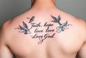 Faith hope love god bible quote , birds , clouds 
Glory , tattoo idea