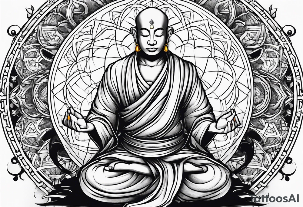 Monk head facing down meditating while doing namaste hand full body tattoo idea