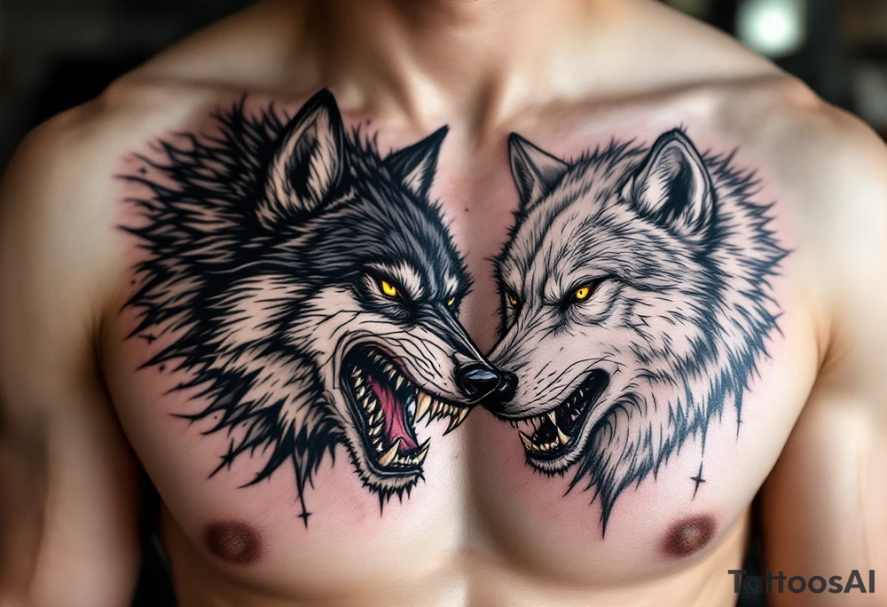 Strong white wolf next to a weak angry black wolf tattoo idea