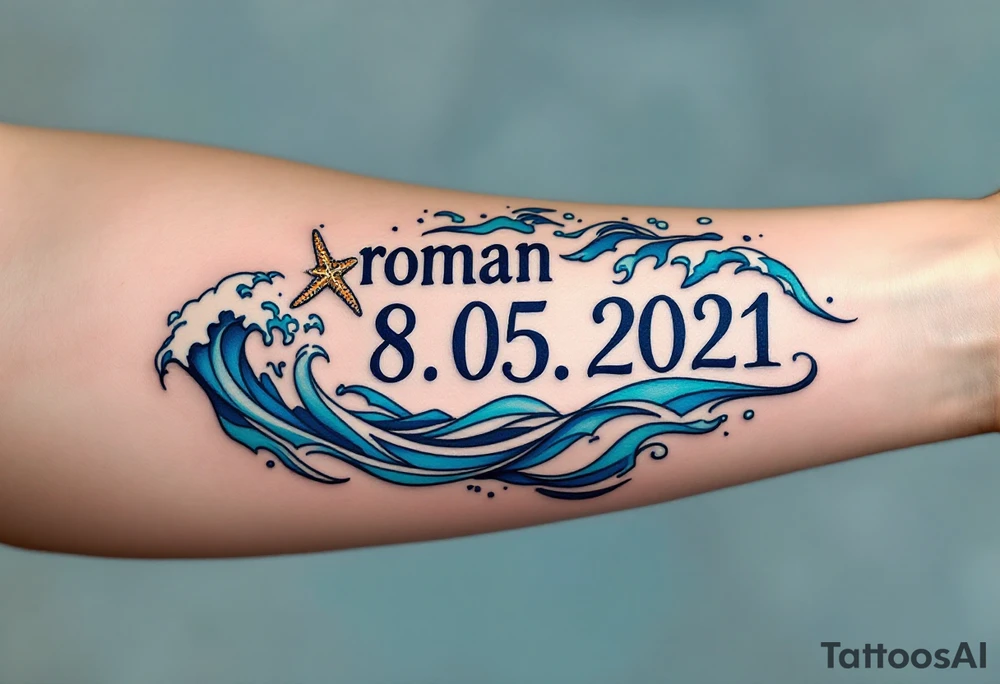 Roman 08. 05. 2021) – Deep blue ocean waves wrapping around Roman's birthdate, with seafoam white accents and a starfish design near the numbers. tattoo idea
