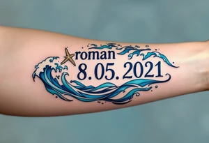 Roman 08. 05. 2021) – Deep blue ocean waves wrapping around Roman's birthdate, with seafoam white accents and a starfish design near the numbers. tattoo idea
