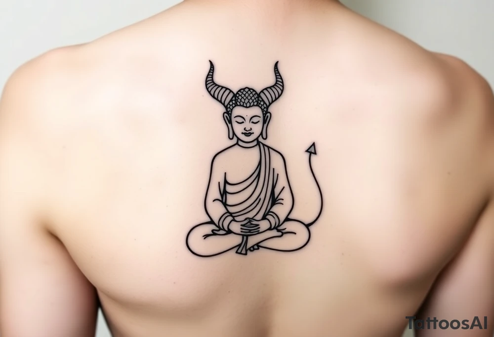 "Minimalist black tattoo of Buddha with small horns and a tail sitting in lotus pose. Clean line art, no shading.  

Key details:  
- Horns: Curved like a ram’s (2-3 cm)  
- Tail: Thin and pointed, curling slightly (like a devil’s tail)  
- Face: Serene, eyes closed, slight smile  
- Style: Bold outlines, dotwork for texture  

Placement: Forearm, 8-10 cm tall." tattoo idea