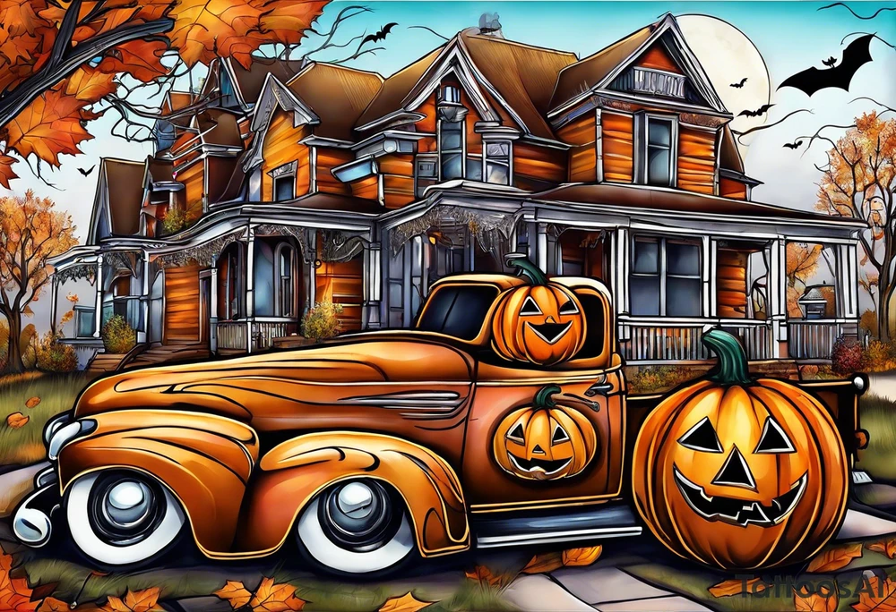 Midwestern street in fall with Halloween pumpkin tattoo idea