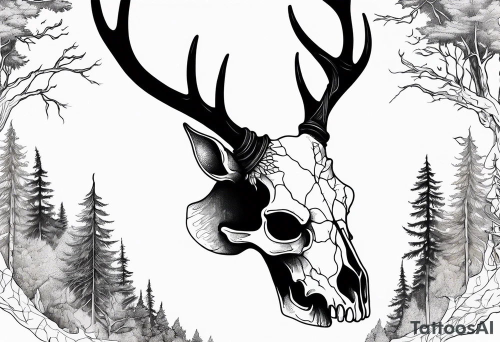 scary side view of a DECAYING deer skull JUST BONE surrounded by a forest fire in background tattoo idea