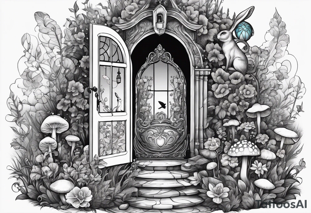 Mystical garden with door and potions and a rabbit and flowers and mushrooms tattoo idea