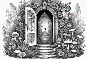 Mystical garden with door and potions and a rabbit and flowers and mushrooms tattoo idea