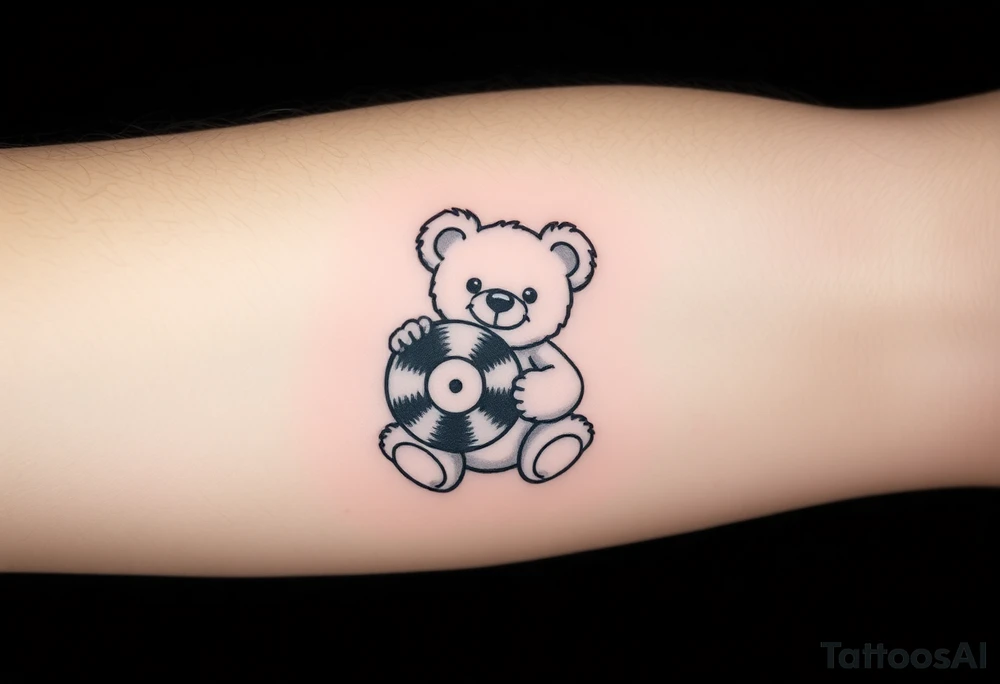 minimalist teddy bear smiling and holding a vinyl record tattoo idea