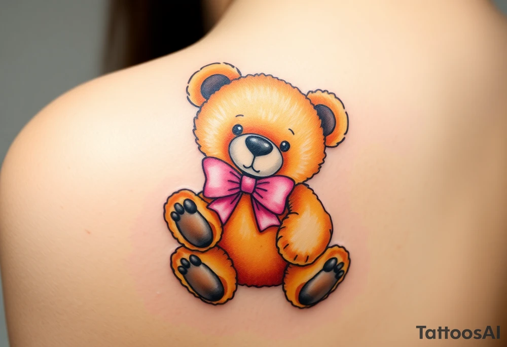 realistic tan teddy bear with black paws and a pink bow around its neck tattoo idea