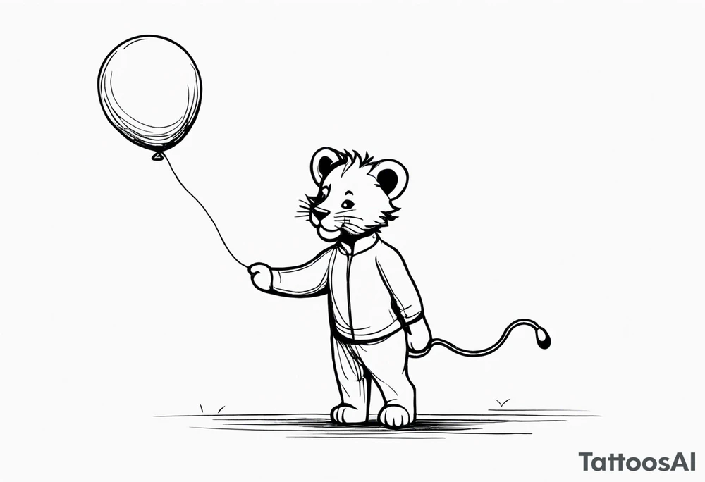 tatoo in sketch style only.
A little lion boy is holding a string to the hearth shaped small party baloon.
lion boy should be drawed from behind and has one hand reaching up in 45 degree angle and holding the baloon string
On the string is a wave which look like a hearbeat pulse.
draw it without any scenery, without any background. Just a boy 
Add heartbeat pulse on the string tattoo idea