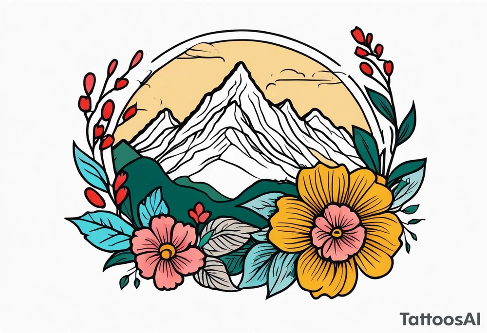 mountains
old school vintage simple traditional design with vintage flowers surrounding
bold color simple tattoo idea