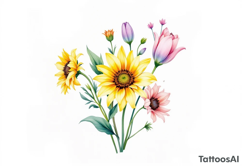 Small yellow sunflowers and simple stargazer Lilly in pale pink and pale purple tulip buds in a dainty wildflower bouquet with light green stems. No outlines on the flowers. Include feminine stem lines. tattoo idea