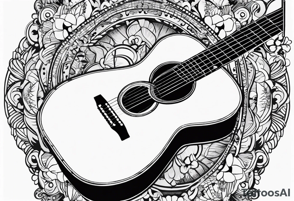 A minimalist guitar design, small in size, with clean lines and vintage detailing. The guitar represents a deep connection to music, with a classic, understated design that captures its essence without embellishments. tattoo idea