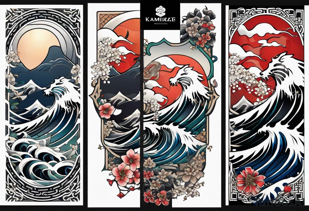 full sleeve. japanese wave mixed in celtic patterns equally. kamikaze plane tattoo idea