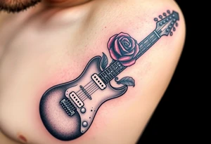 A detailed electric guitar with silver strings, draped in chains, with a rose blooming from the neck, symbolizing the power of love and music together tattoo idea