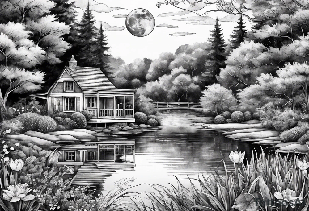 Hidden, secret garden, lake, day moon, beauty, lake house , pond tattoo idea
