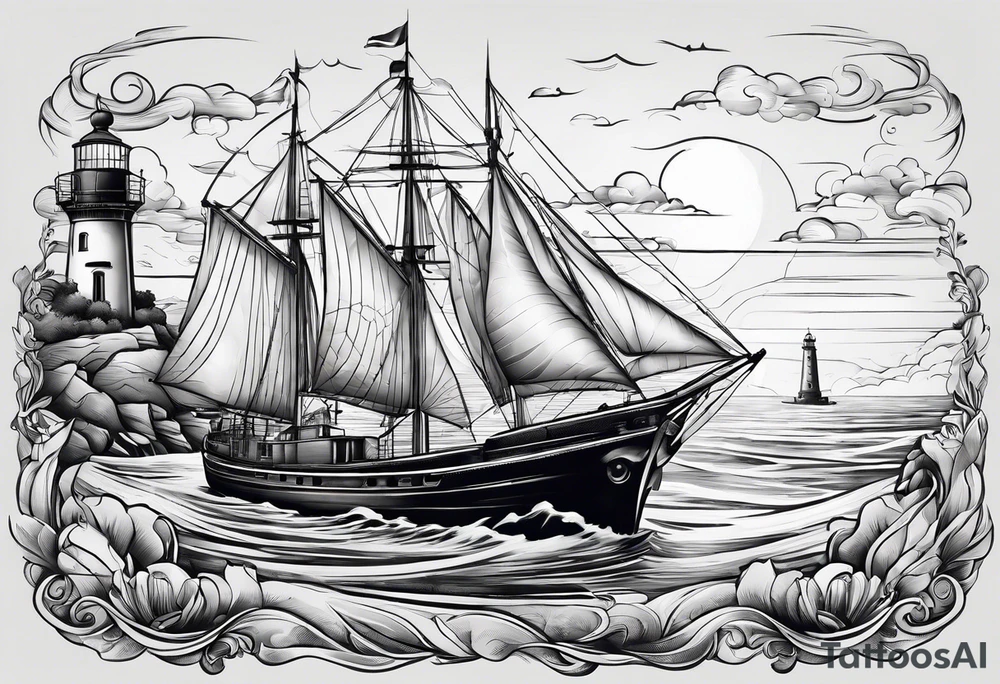 phare maritime dans un bateau a voiles vu du devant. tattoo idea