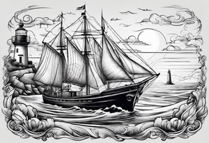 phare maritime dans un bateau a voiles vu du devant. tattoo idea