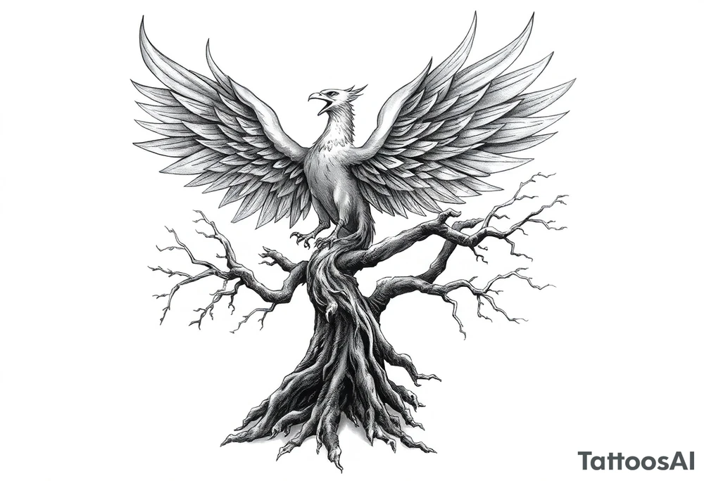 Powerful Phoenix rising from large rooted 
tree of life tattoo idea